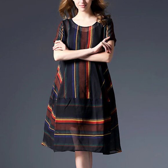 Jian Ruyi Black Sheer Flowy Striped Boho Colorful Cover Up Dress Women's 4XL - Picture 4 of 16